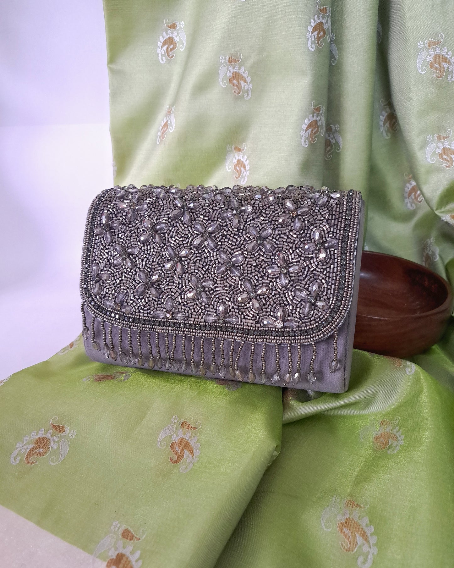 Gauri Gray Bejeweled Purse with Sling