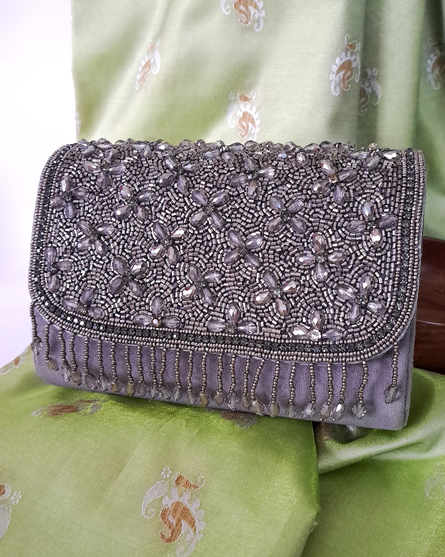 Gauri Gray Bejeweled Purse with Sling